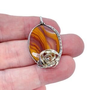 Estate Sterling Silver 925 Ribbon Rose Oval Agate Pendant